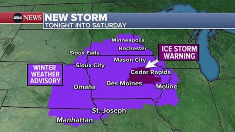 An ABC News graphic shows weather in the United States on Friday, Dec. 13, 2024.